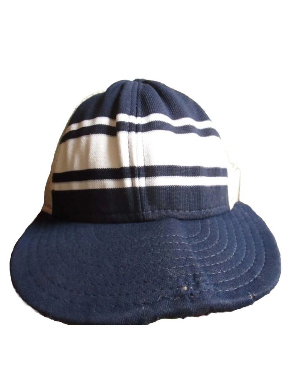 Vintage Trucker Hat Cap Medium 80s AJD SUPERSTRIPE KNIT Farm Mesh DISTRESS BLUE